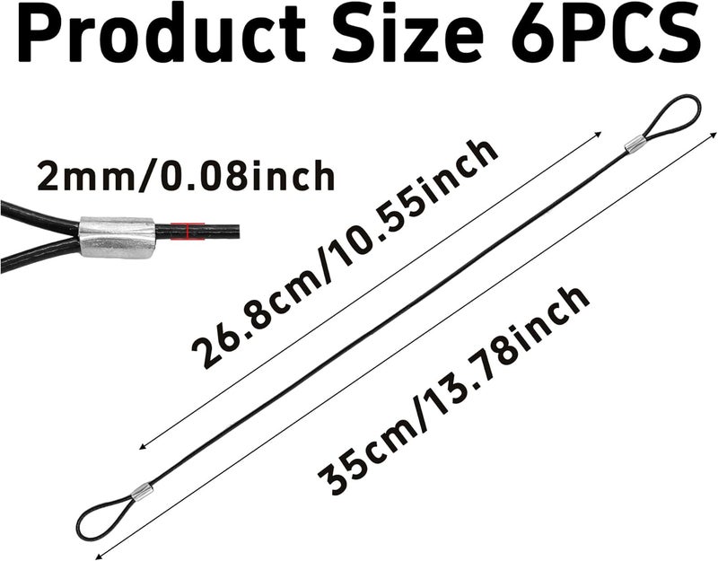 bskkw 6Pcs 14 Inch Black Stainless Steel Security Cable with Loops, 2mm Dia Heavy Duty Braided Steel Wire Rope, Safety Lock Cable Double Loop Ends for Bike U-Lock, Luggage and Equipment Protection - Image 2